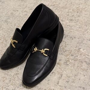 ZARA Black Leather Loafers with gold horsebit detail